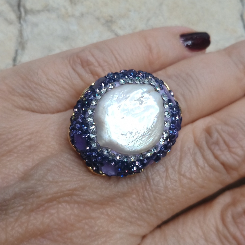 Encrusted Amethyst & Freshwater Abalone Pearl Gold Statement Ring Adjustable